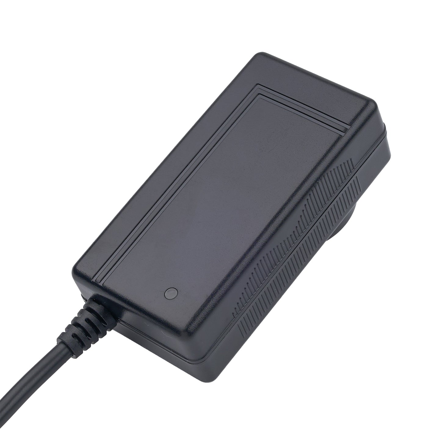 Black rectangular battery charger with a power cord on a white background