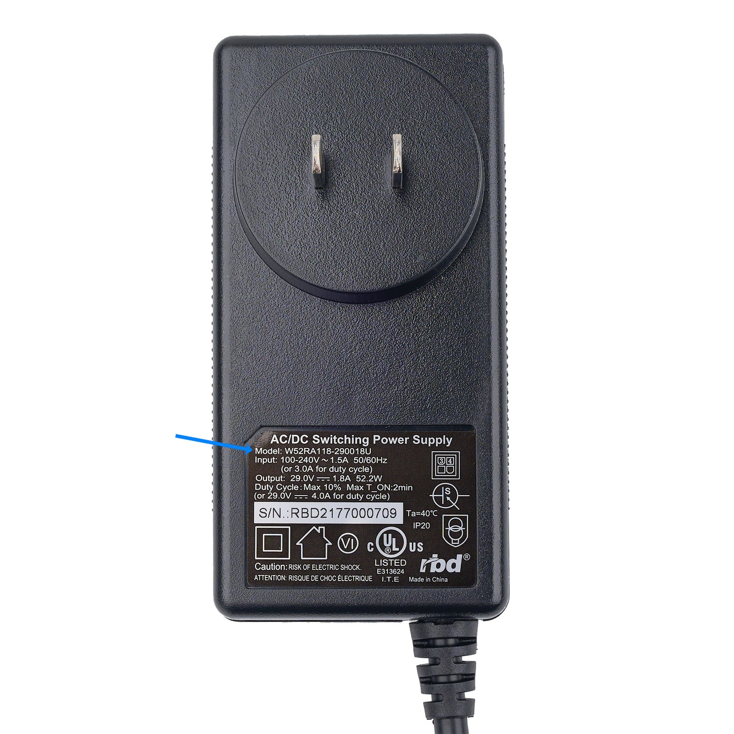 Black AC/DC switching power supply with visible branding on a white background