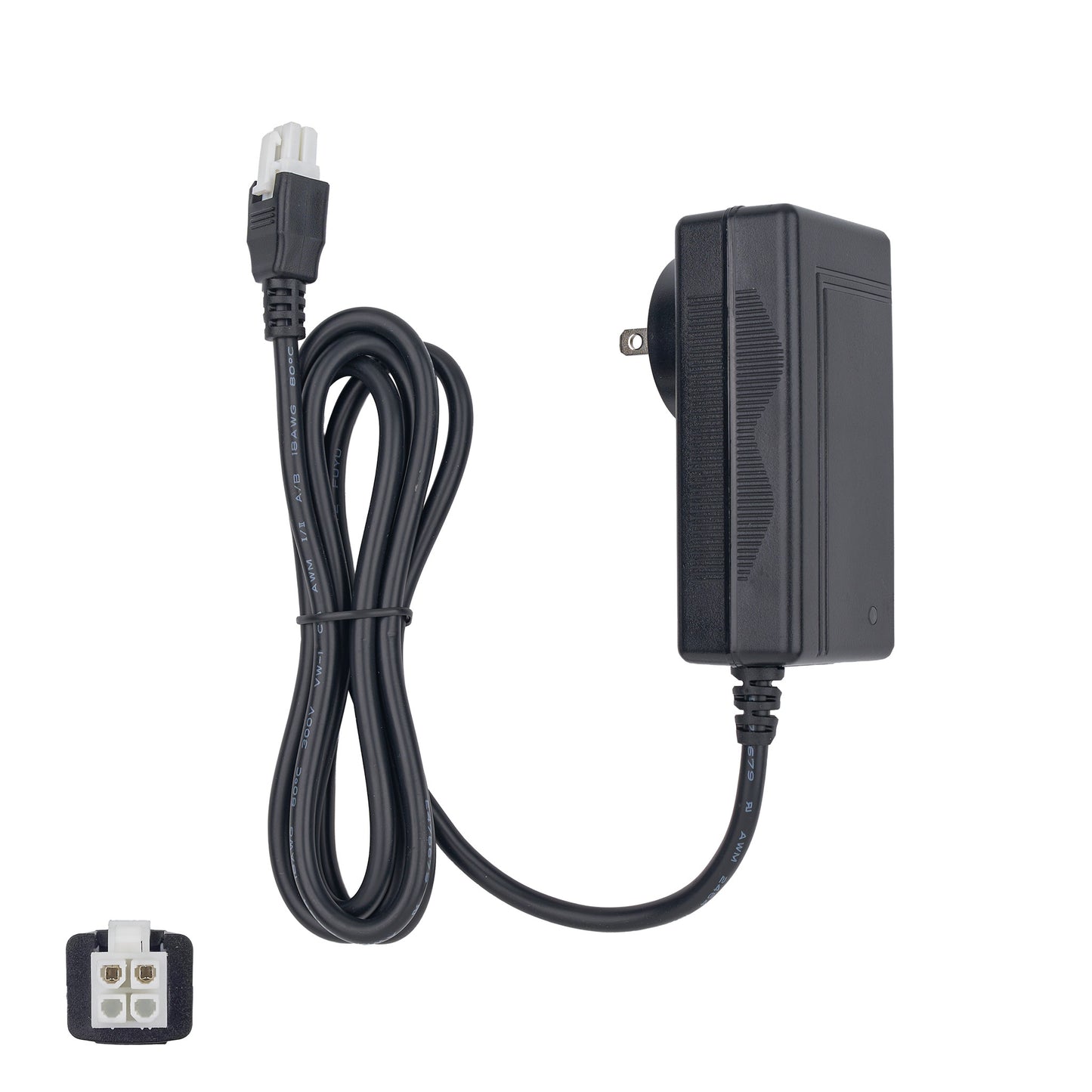 Black power adapter with USB cable on a white background