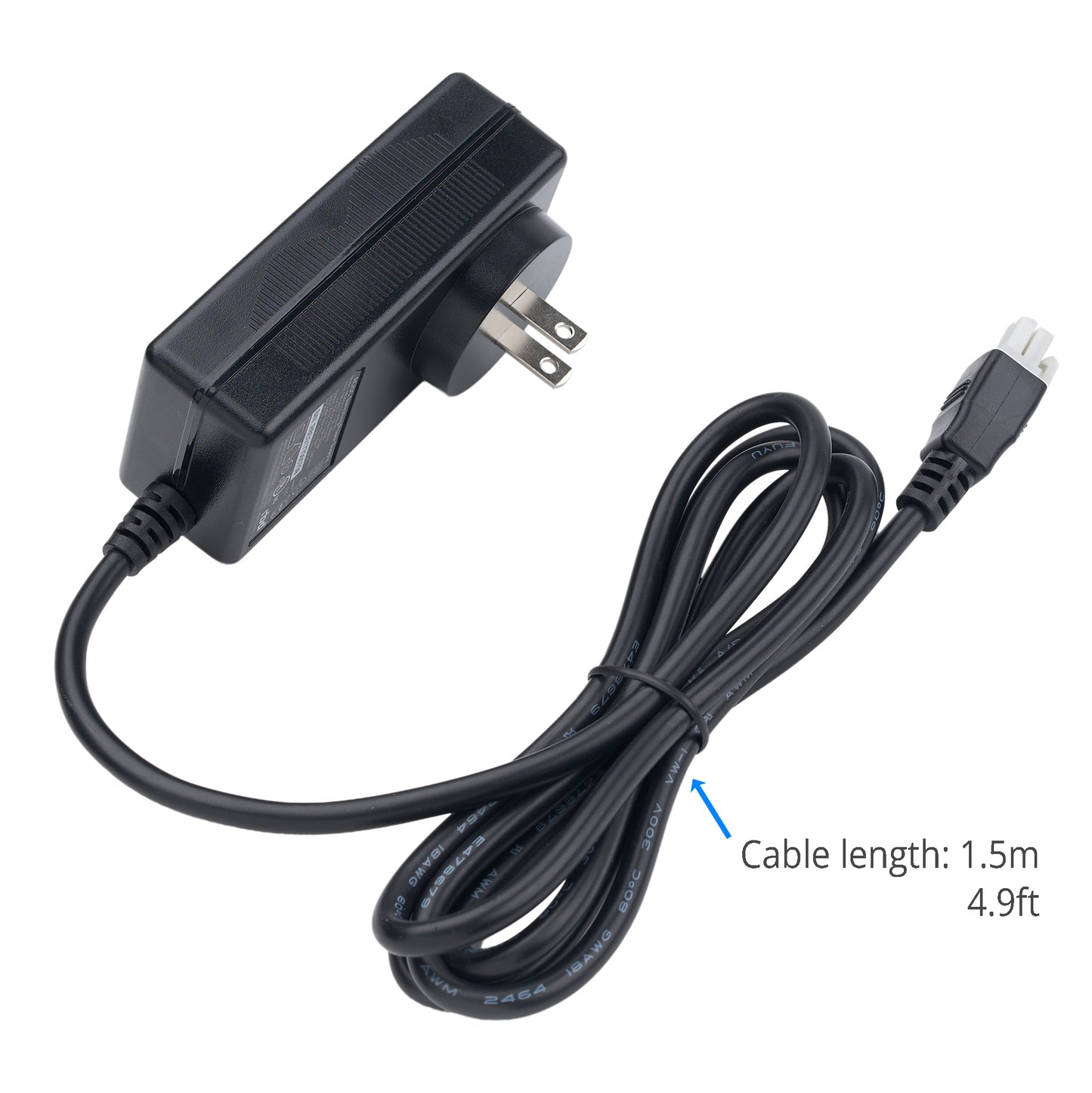 Black power adapter with cable on a white background