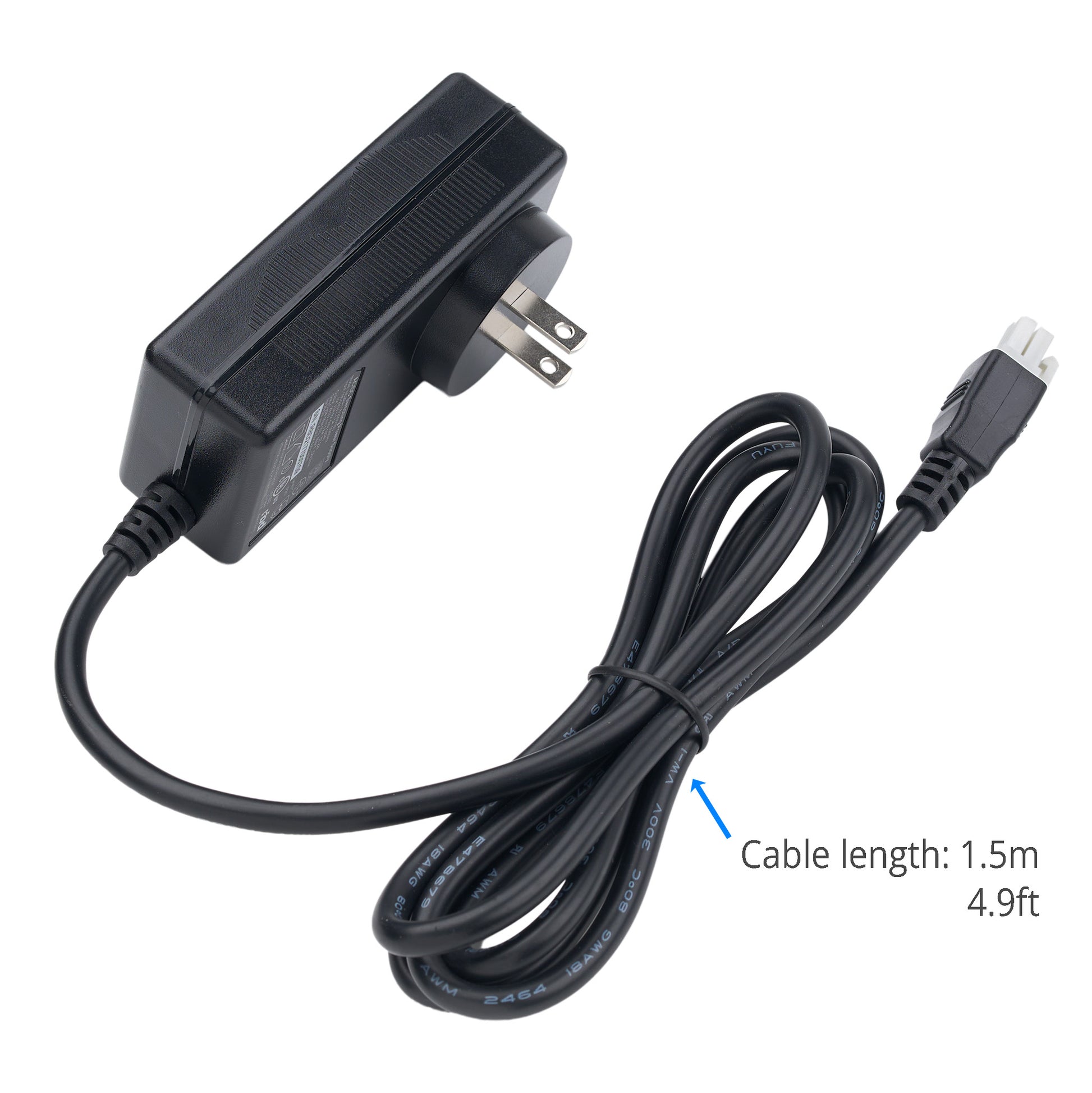 Black power adapter with cable on a white background