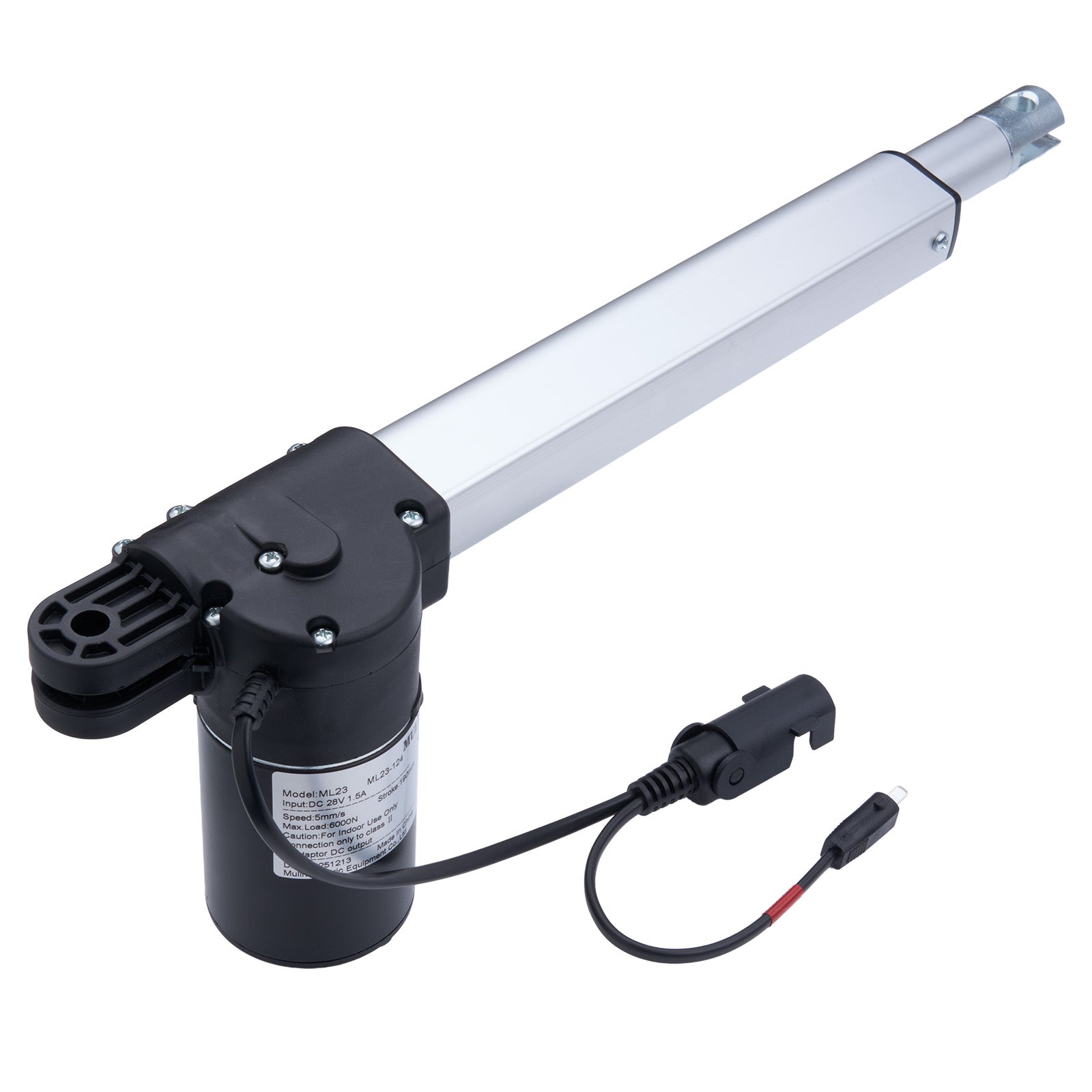 Electric actuator with a long cylindrical rod on a white background