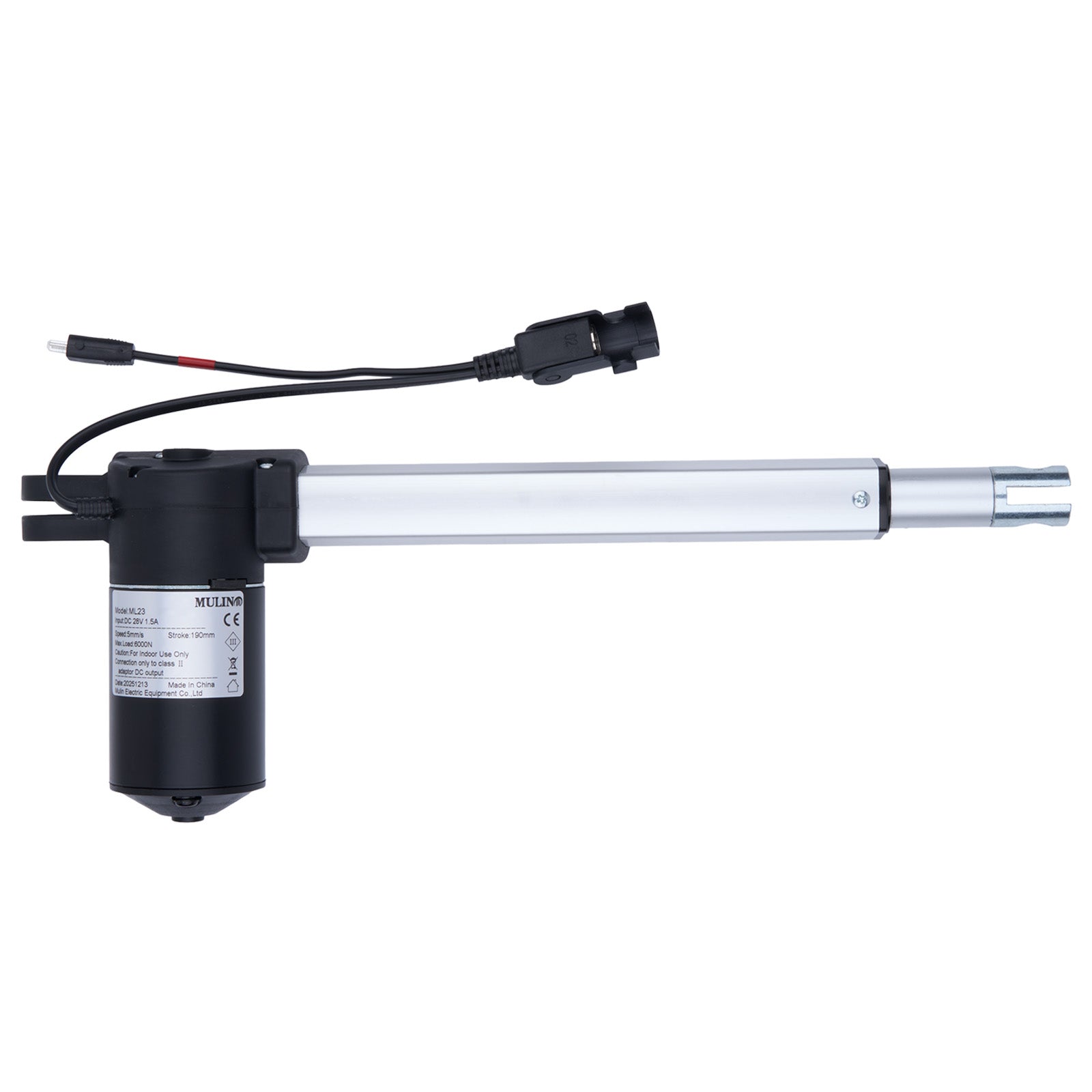 Linear actuator with black housing and visible branding on a white background