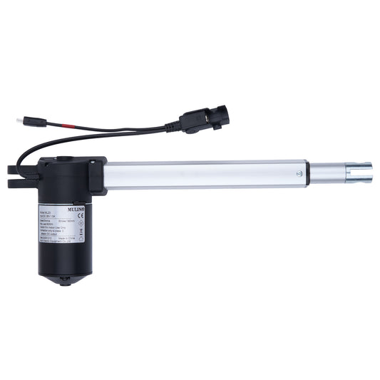 Linear actuator with black housing and visible branding on a white background