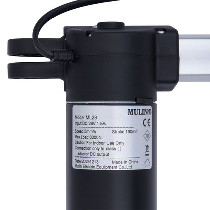 Black actuator with label on a white background
