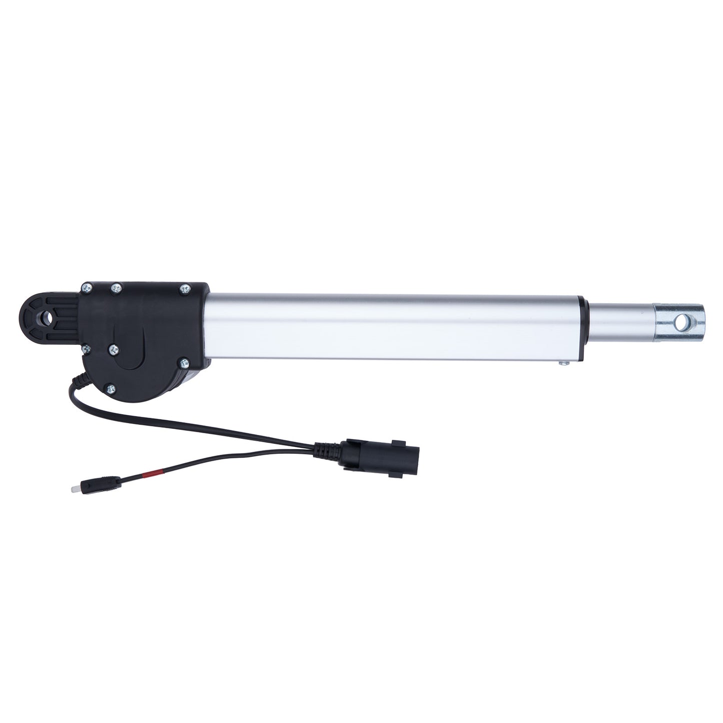 Linear actuator with black housing and wiring on a white background