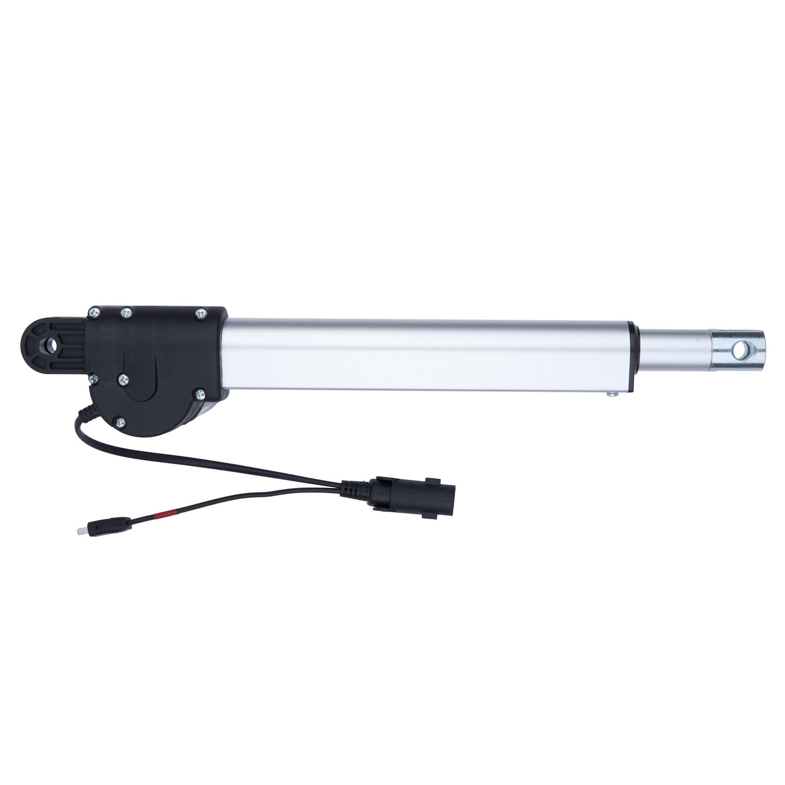 Linear actuator with black housing and wiring on a white background