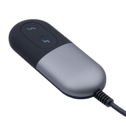 Black and gray electronic device with a cable on a white background