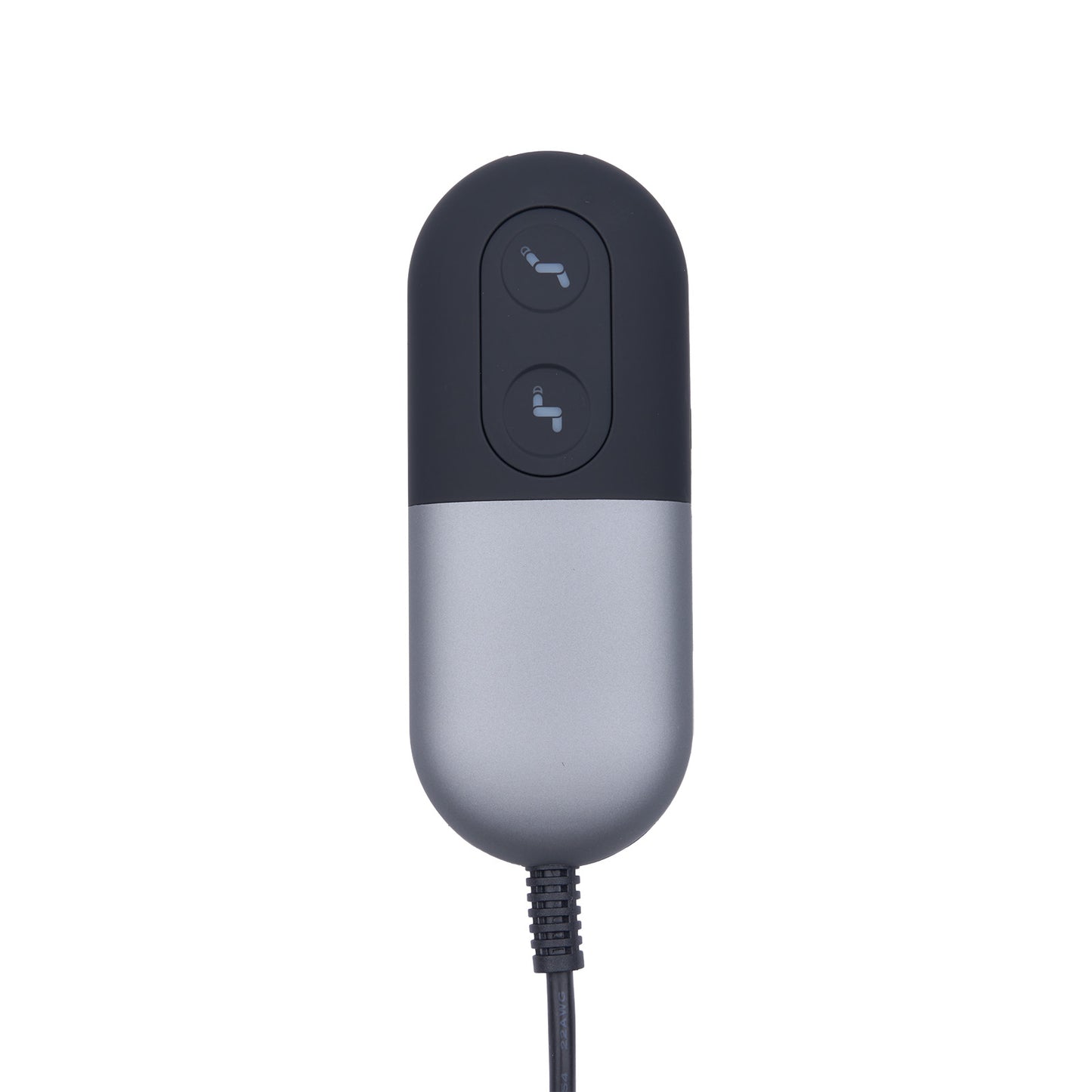 Black and gray electronic device with two buttons on a white background