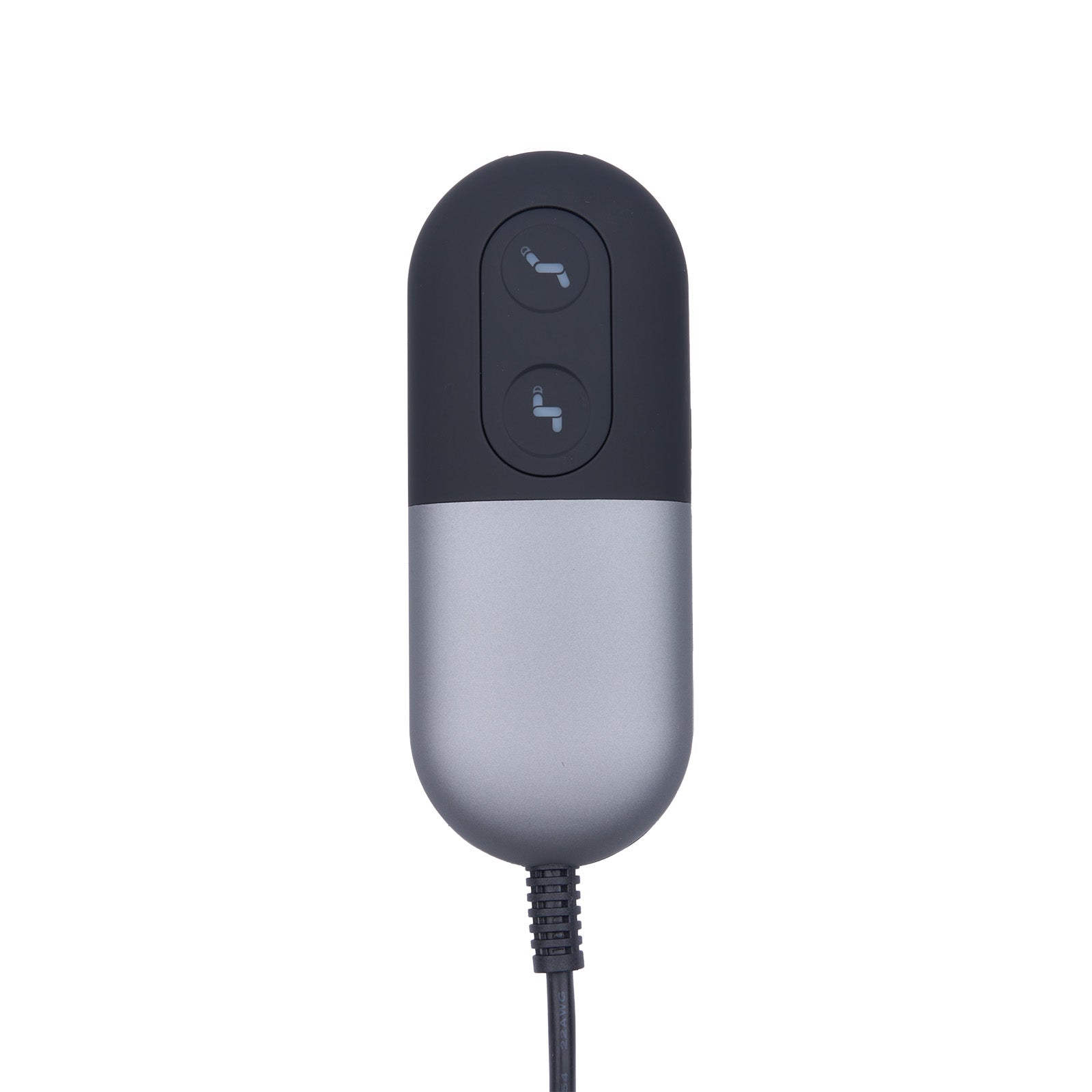Black and gray electronic device with two buttons on a white background
