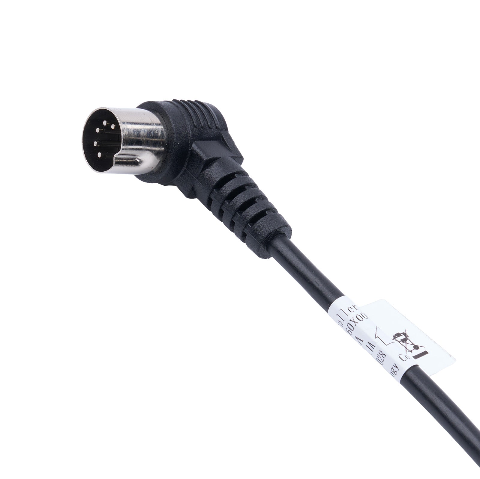 Black cable with a connector on a white background