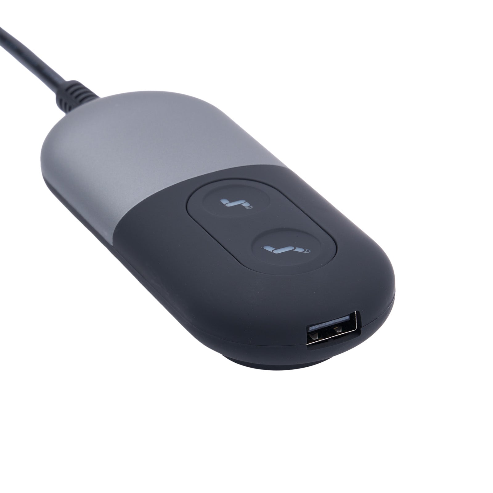 Black and gray electronic device with USB port on a white background