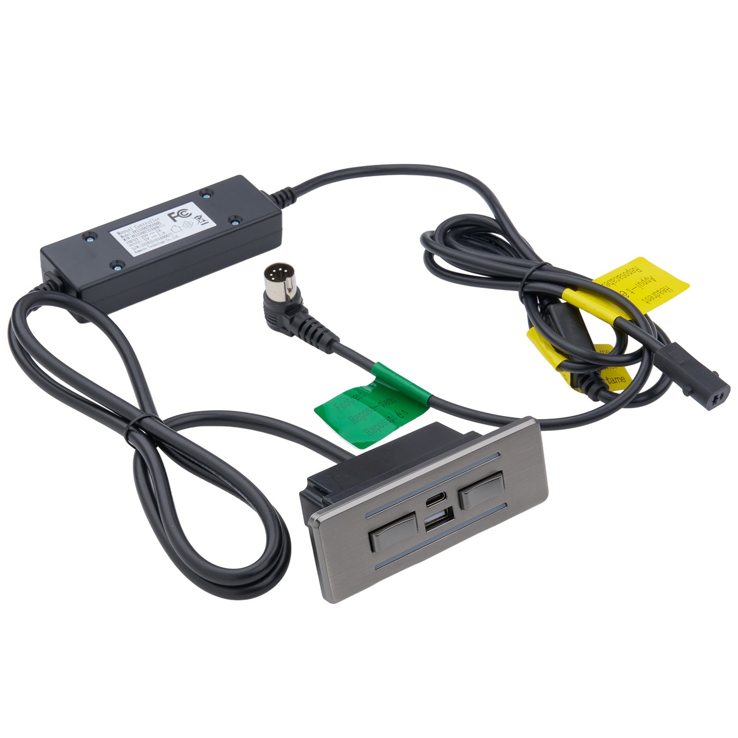 Electronic device with USB ports and cables on a white background