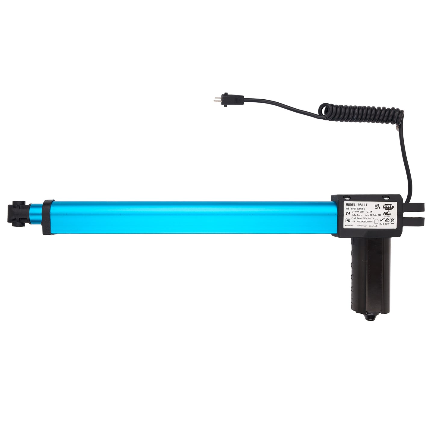 Blue cylindrical device with black coiled cable on a white background
