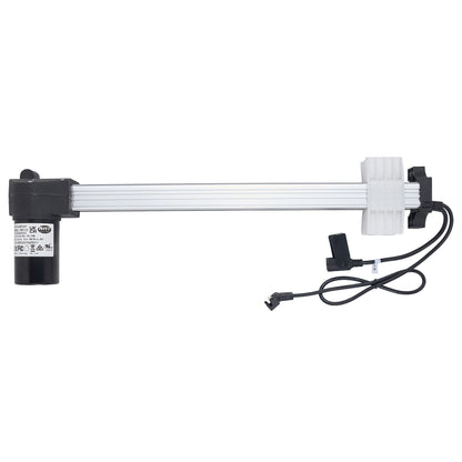 A linear electric slide rail assembly with a black motor, a long silver aluminum rod, a white plastic end cap, and a black wiring harness with connectors, shown against a plain white background.