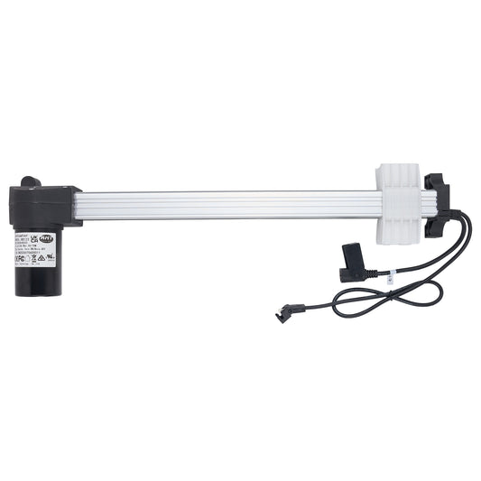 A linear electric slide rail assembly with a black motor, a long silver aluminum rod, a white plastic end cap, and a black wiring harness with connectors, shown against a plain white background.
