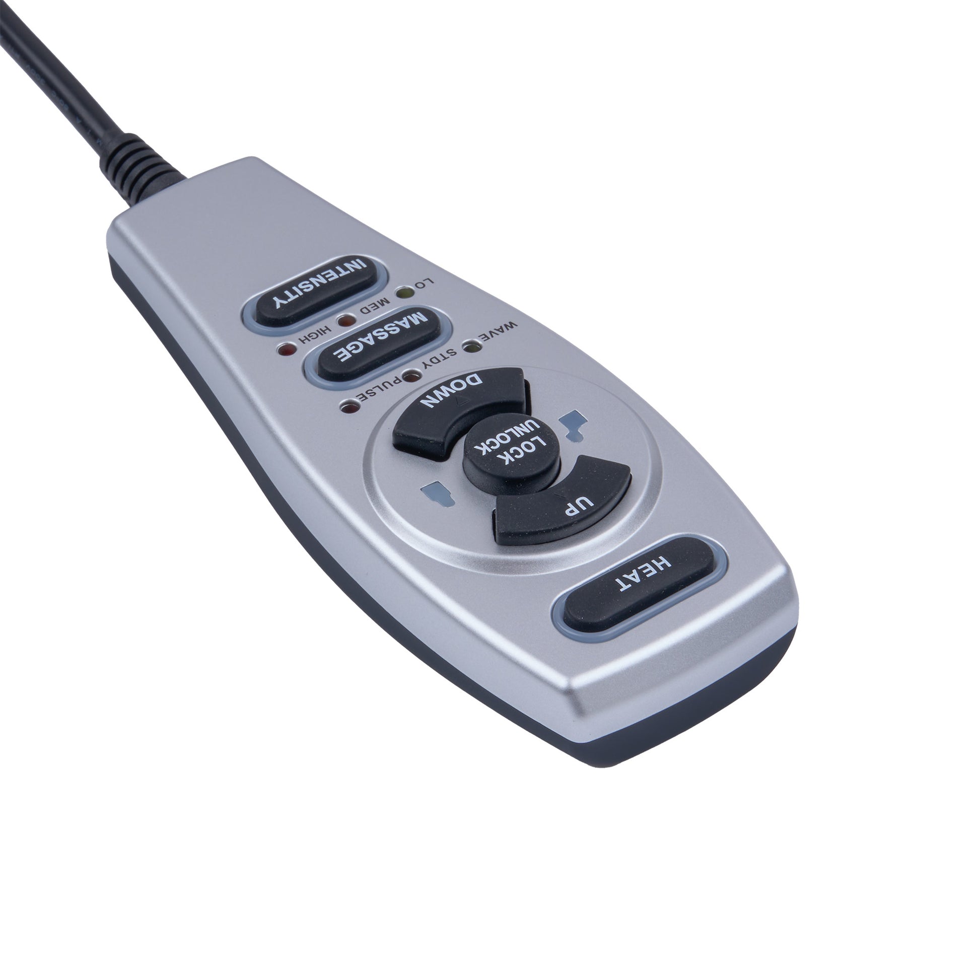 A silver and black remote control power strip with buttons for intensity, massage, lock, up, down, and heat, shown on a white background.