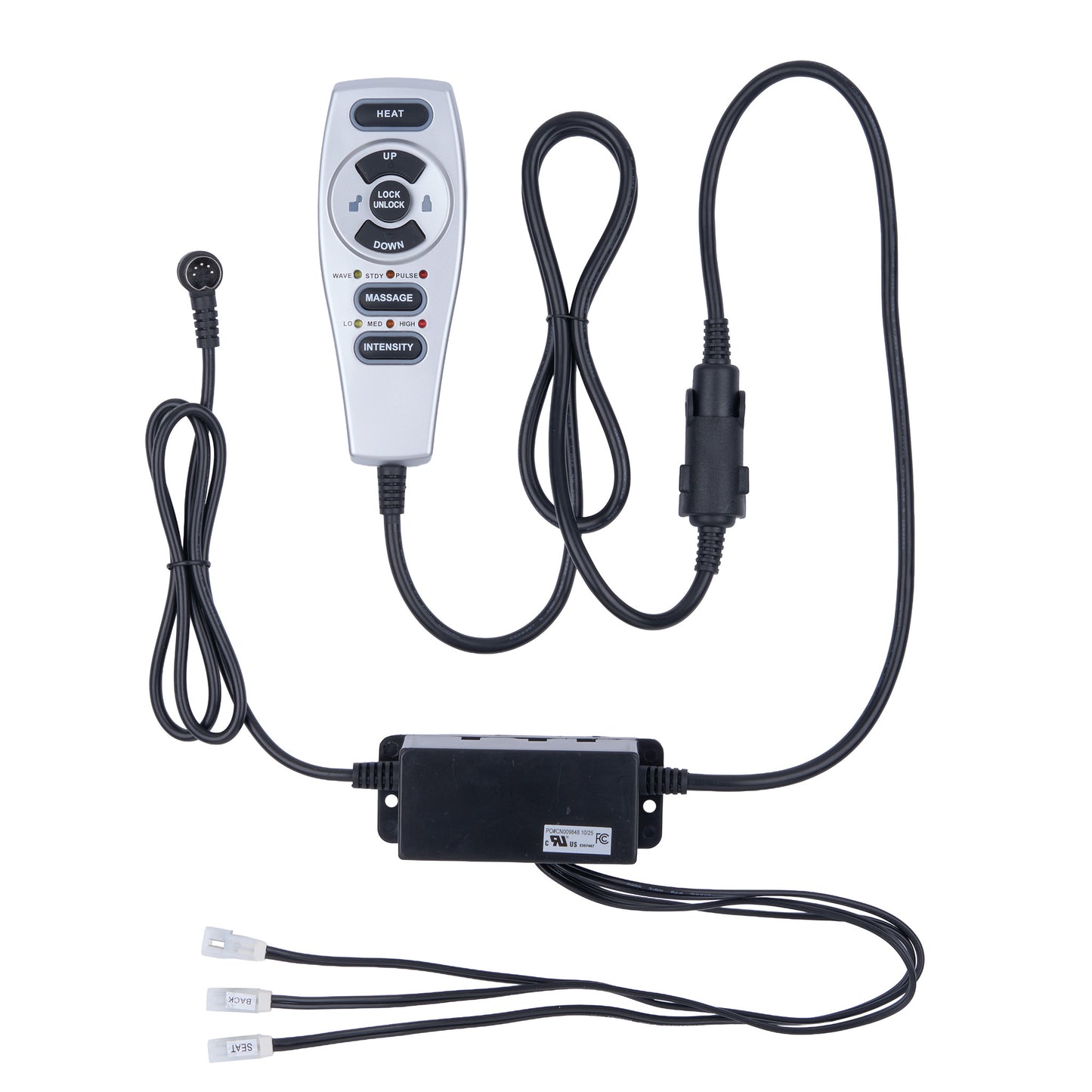 An electric remote control and power adapter kit for outdoor lights, featuring a silver handheld remote with black buttons, a black power box, and black cables with connectors, shown on a white background.