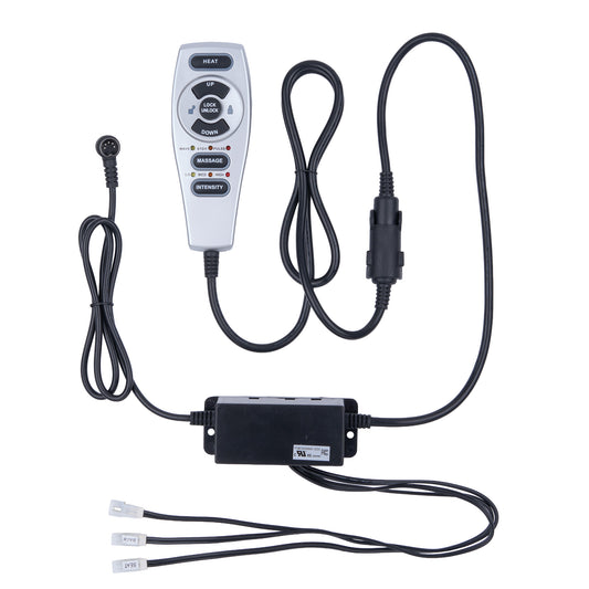 An electric remote control and power adapter kit for outdoor lights, featuring a silver handheld remote with black buttons, a black power box, and black cables with connectors, shown on a white background.