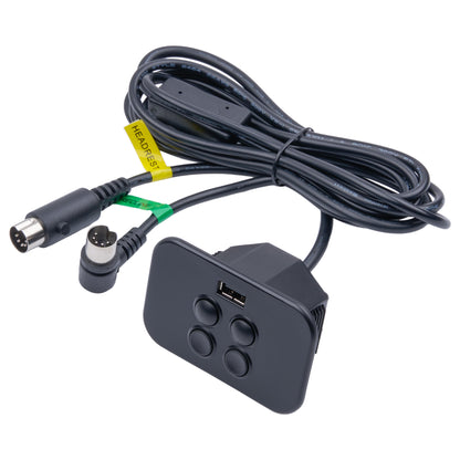 Black motorcycle adapter cable with a rectangular connector block, four round buttons, a USB port, and various plugs, shown on a white background.
