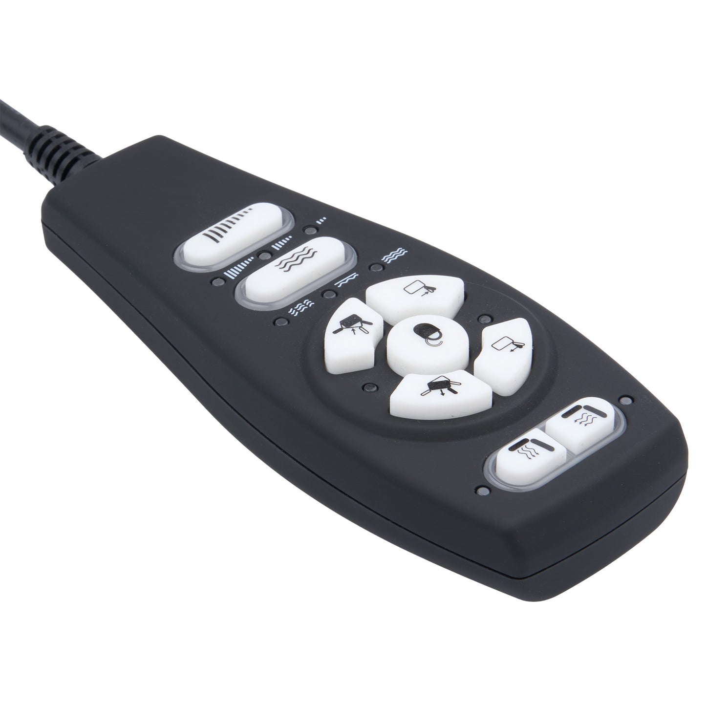 A black pet stimulation remote control with white buttons and printed animal icons, shown on a clean white background.