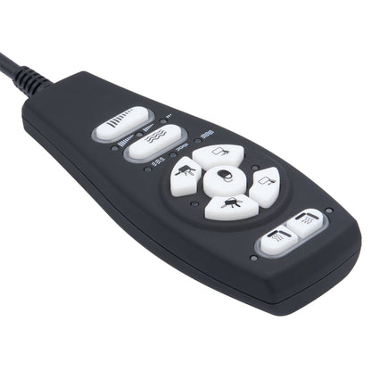 A black pet stimulation remote control with white buttons and printed animal icons, shown on a clean white background.