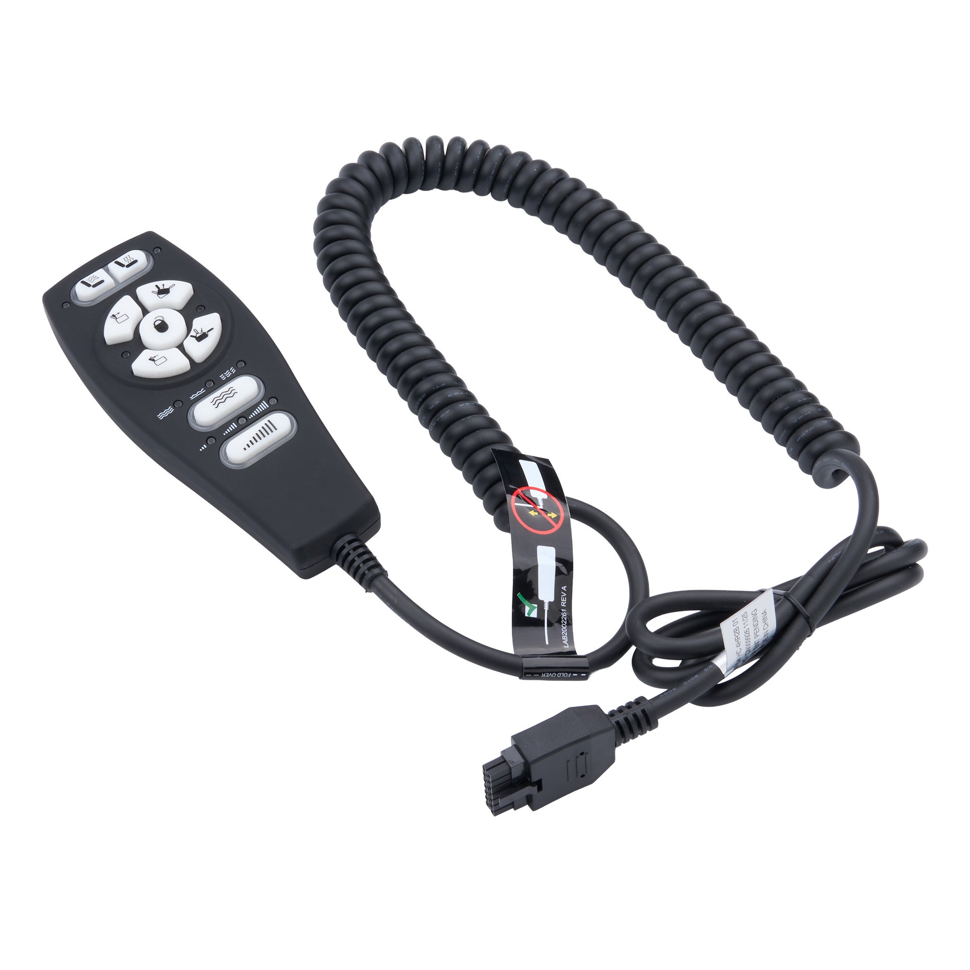 A black handheld remote control with a coiled black cable and multiple white buttons, shown on a plain white background.