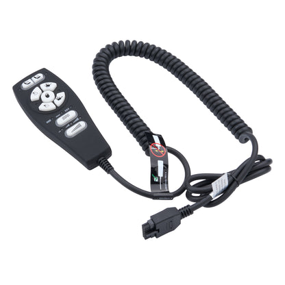 A black handheld remote control with a coiled black cable and multiple white buttons, shown on a plain white background.