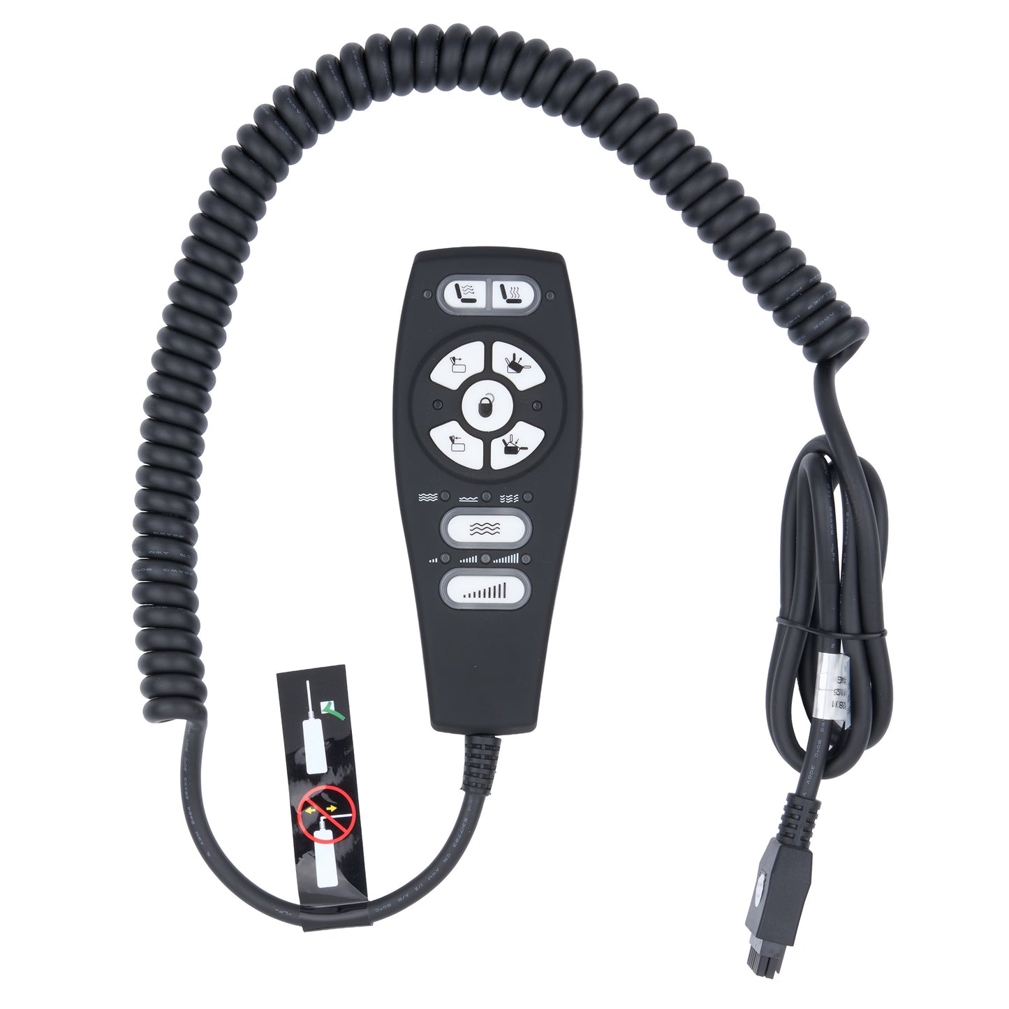 Black coiled handheld remote control with a central button panel, attached to a black cable and shown on a plain white background.