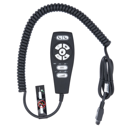 Black coiled handheld remote control with a central button panel, attached to a black cable and shown on a plain white background.