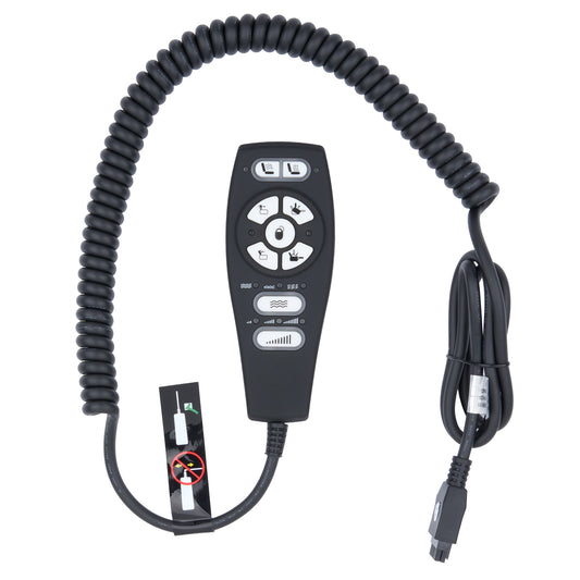 Black coiled handheld remote control with a central button panel, attached to a black cable and shown on a plain white background.