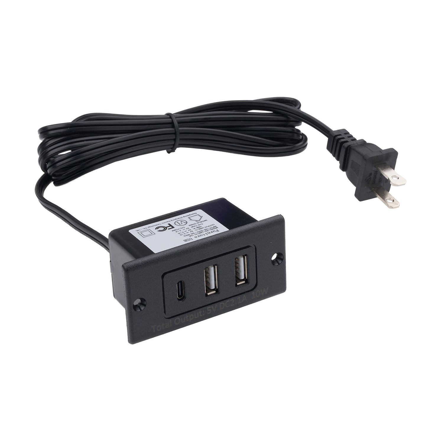 A black wall power adapter with two USB-A output ports and one USB-C input port, featuring a coiled black power cord and a standard US two-prong plug, shown on a plain white background.