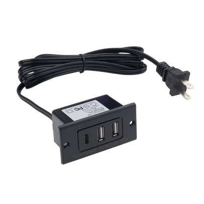 A black wall power adapter with two USB-A output ports and one USB-C input port, featuring a coiled black power cord and a standard US two-prong plug, shown on a plain white background.