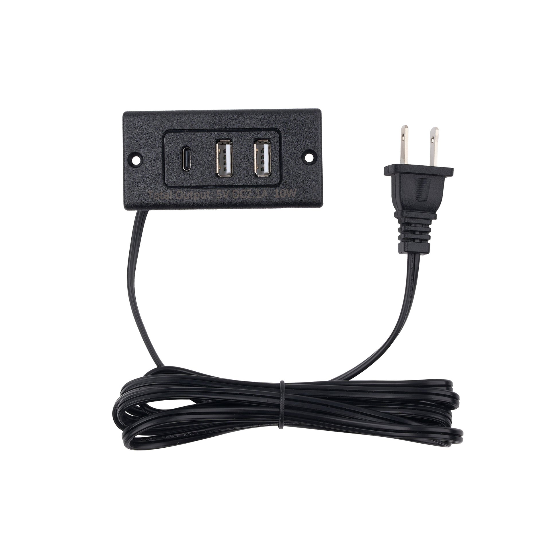 Black 2 USB-A ports and 1 USB-C port power adapter with a coiled black cable and a two-prong US plug, shown on a white background.