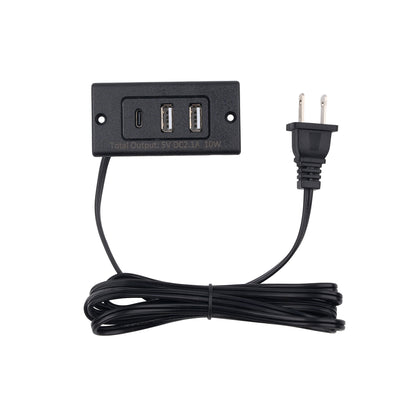 Black 2 USB-A ports and 1 USB-C port power adapter with a coiled black cable and a two-prong US plug, shown on a white background.