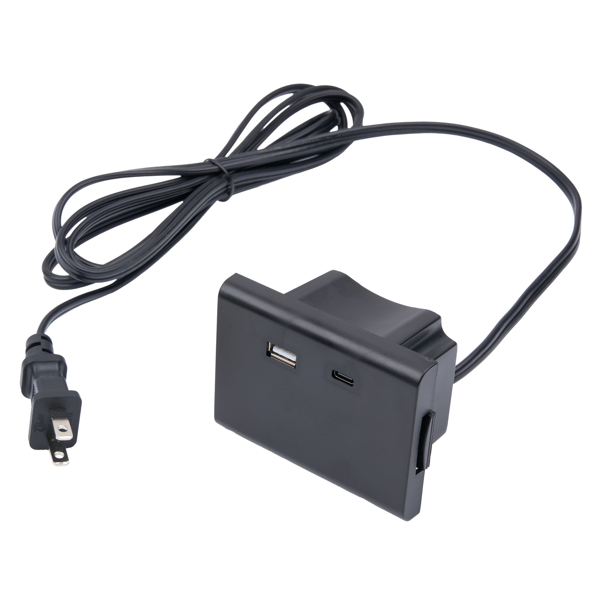 Black electronic device with USB ports and power cord on a white background