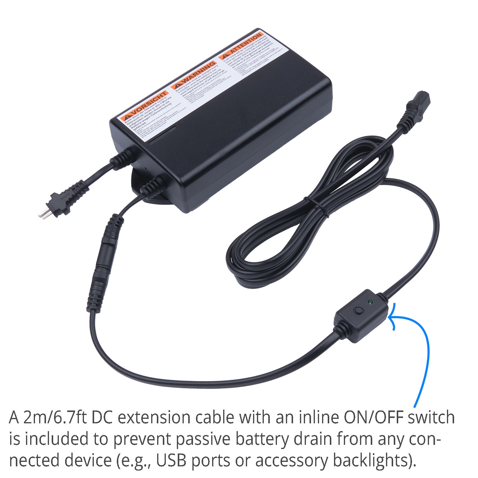 Power adapter with DC extension cable and inline ON/OFF switch on a white background