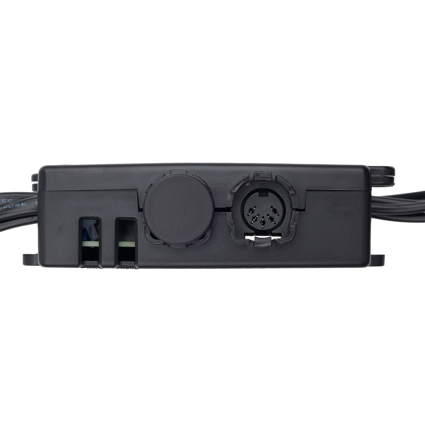 A close-up of a black electronic control module with various connectors and ports, shown against a plain white background.