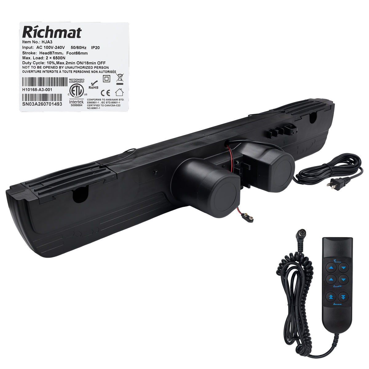 Richmat HJA3 Dual Motor Linear Actuator for Adjustable Beds & Hospital Beds with Wired Controller