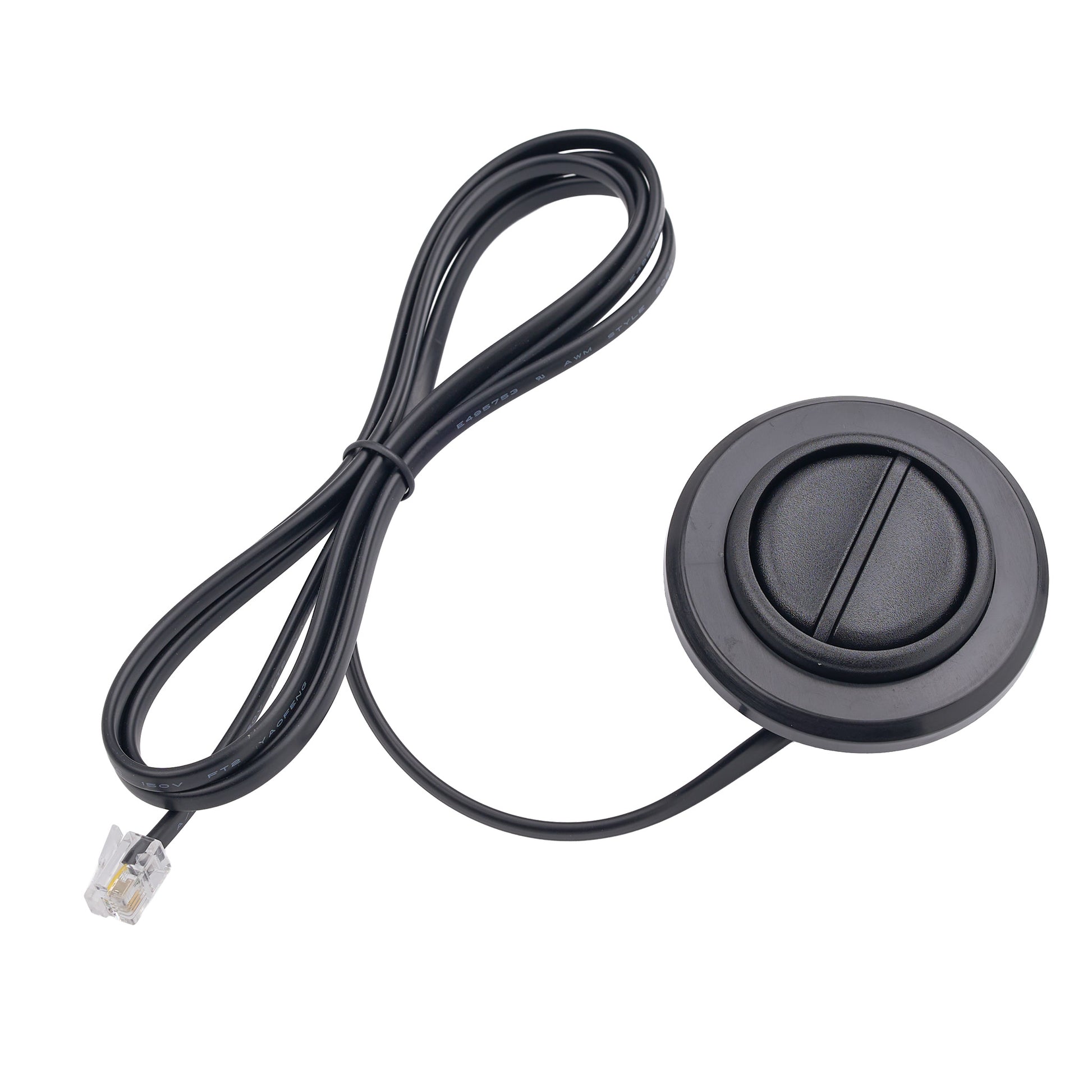 Black cylindrical device with a cable on a white background