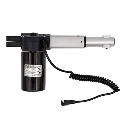 A black AlphaDrive linear actuator with a coiled cable and plug, designed for use in recliner or lift chairs.