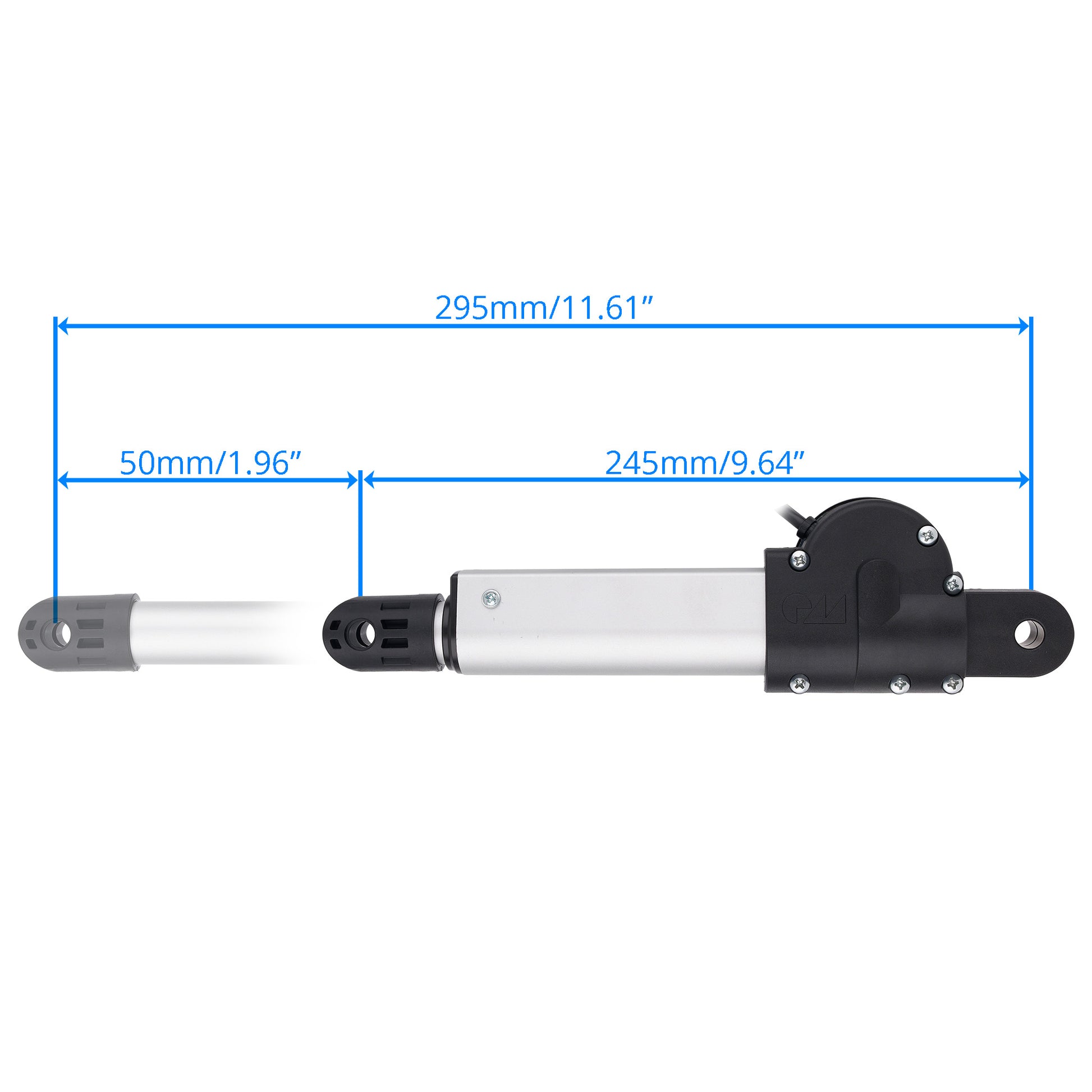 A horizontal metal linear actuator or hydraulic cylinder shown on a white background with blue dimension lines and labels indicating 295mm total length, 50mm left section, and 245mm right section.