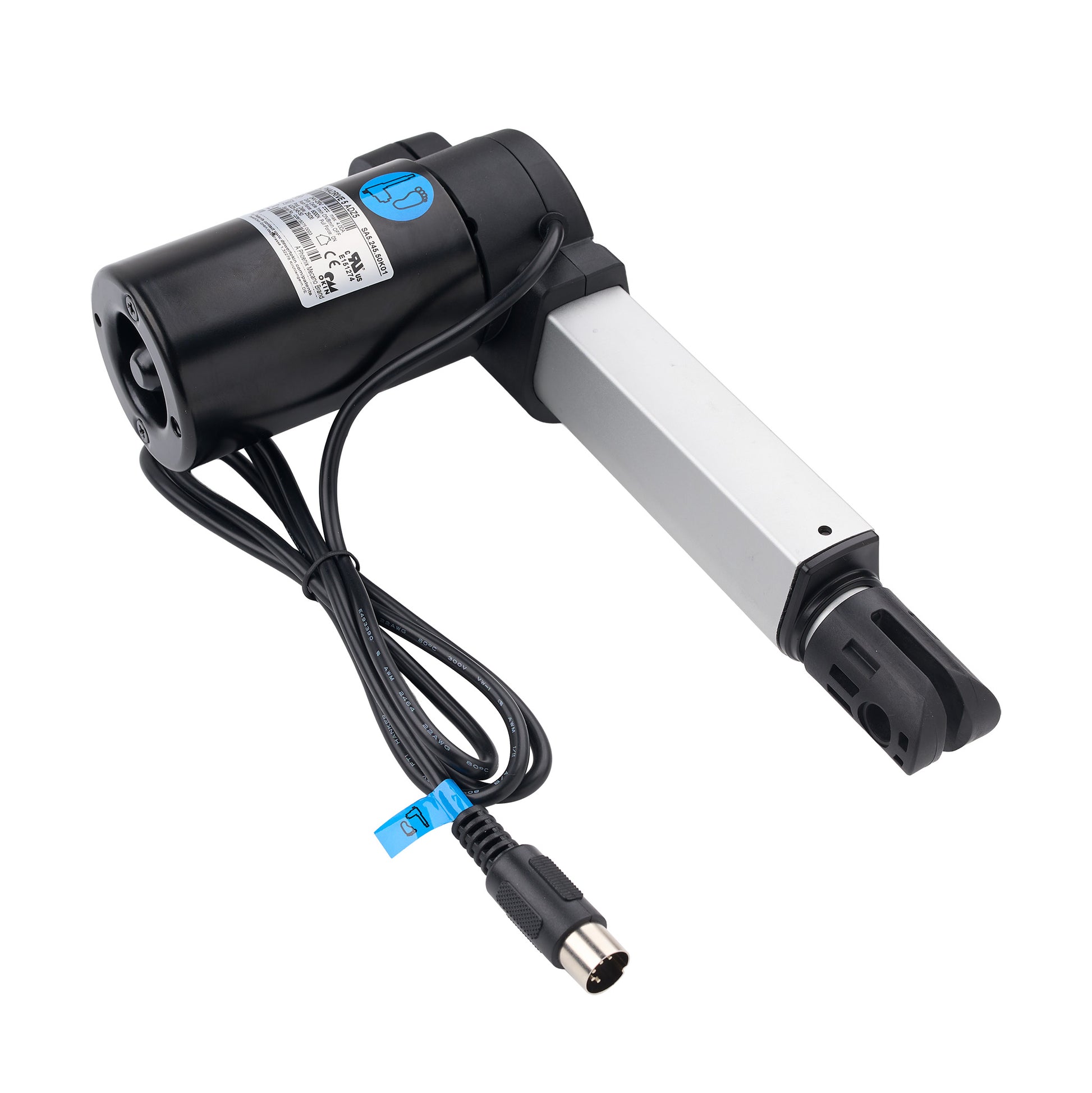 A linear electric motor with a silver metal sleeve, black motor housing, and a black power cable with a DC connector, shown on a white background.