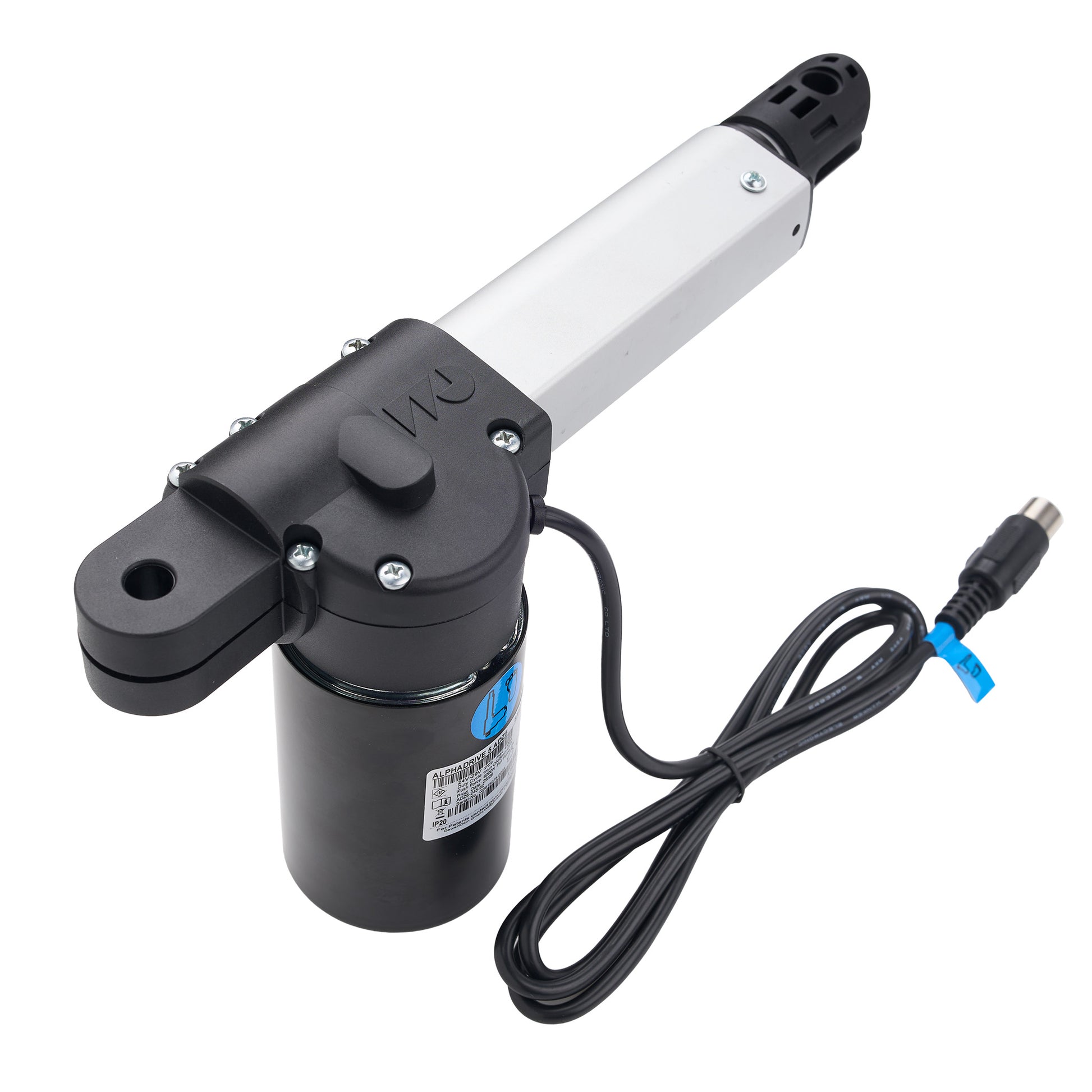 A black and silver electric linear motor with an attached black power cable and connector, shown on a plain white background.