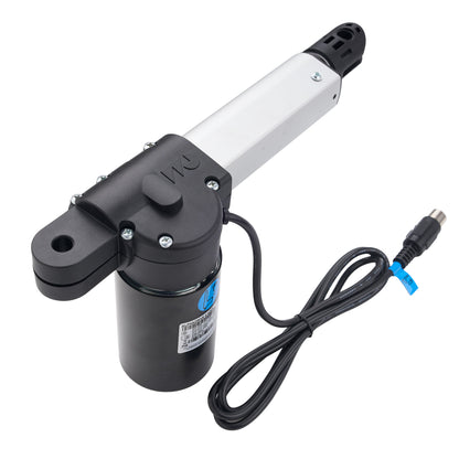 A black and silver electric linear motor with an attached black power cable and connector, shown on a plain white background.
