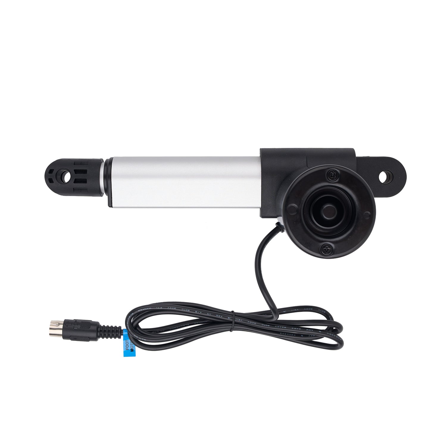 A linear electric actuator with a silver cylindrical body, black mounting brackets, and a black power cable with a connector, shown on a plain white background.