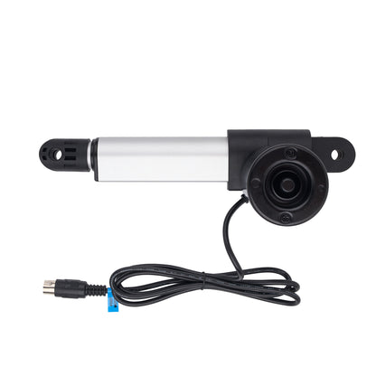A linear electric actuator with a silver cylindrical body, black mounting brackets, and a black power cable with a connector, shown on a plain white background.