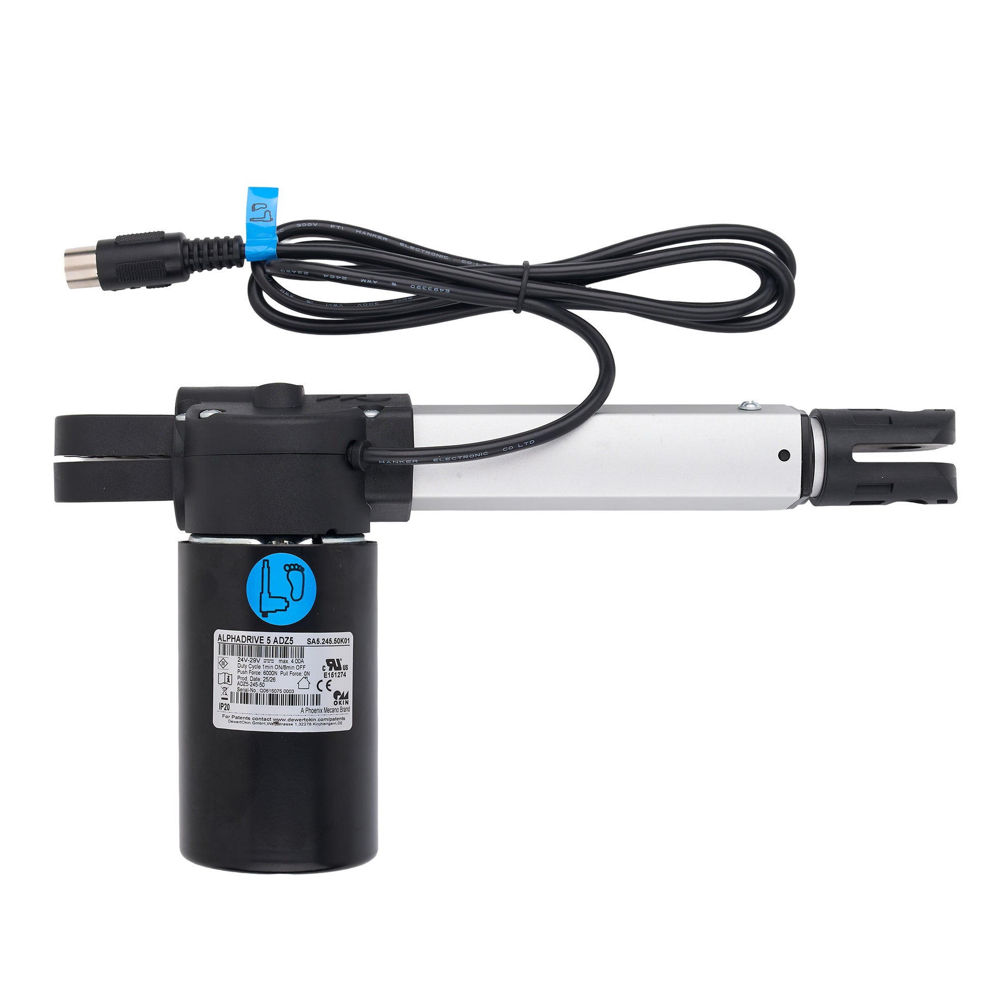 A black and silver electric linear actuator with an attached black power cable and connector, shown on a plain white background.