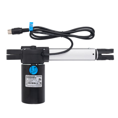 A black and silver electric linear actuator with an attached black power cable and connector, shown on a plain white background.