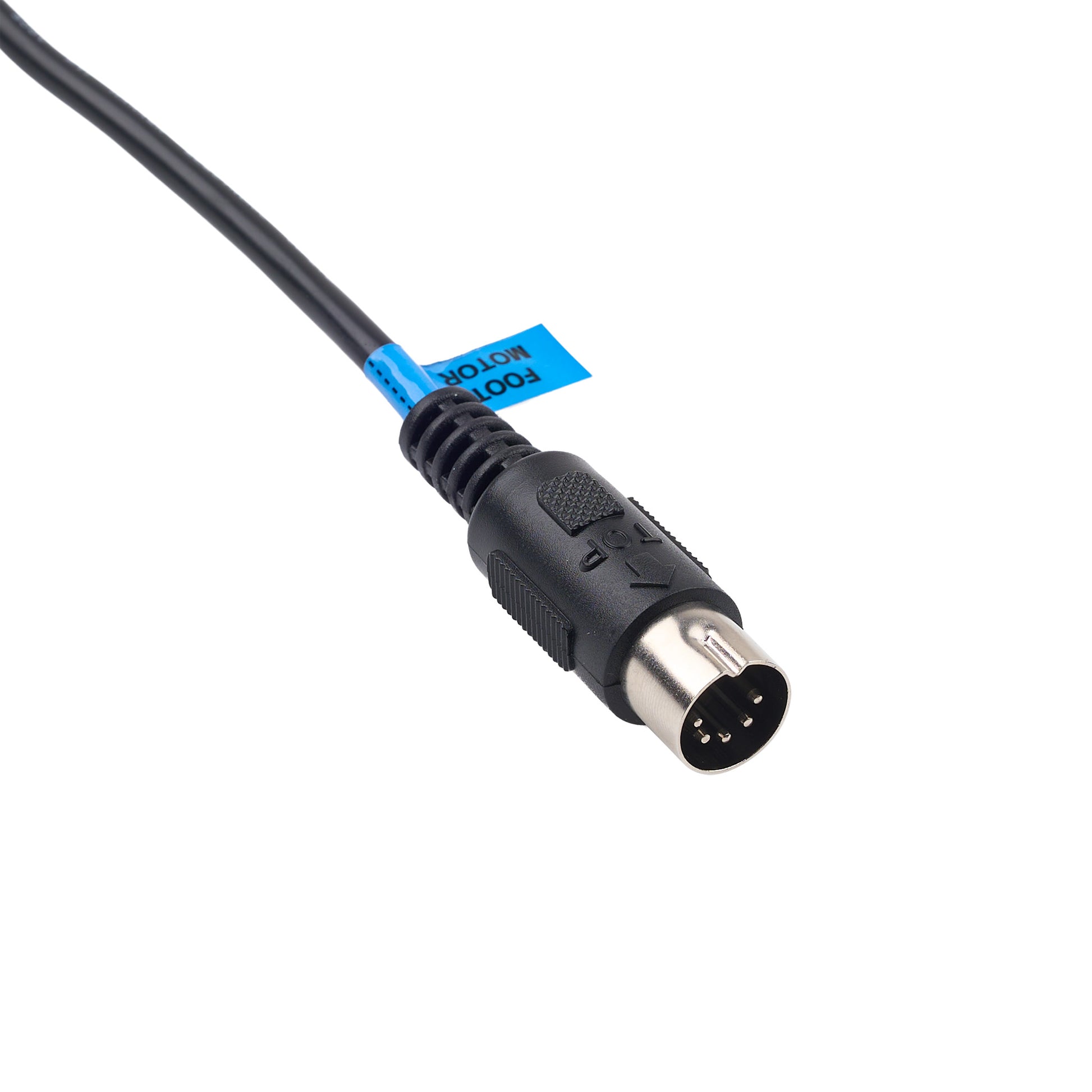 A black electrical cable with a right-angle connector, featuring a blue tag labeled 'FOY MOTION' on a white background.